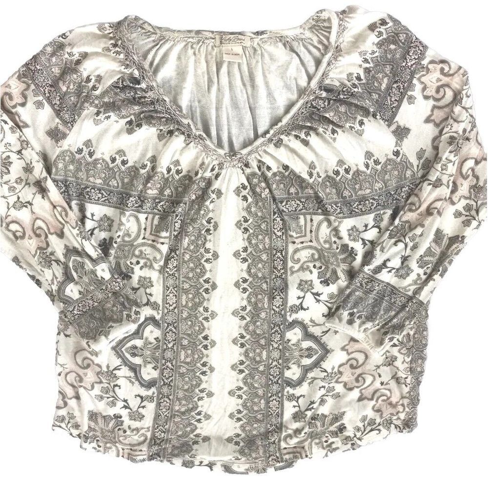 Lucky Brand Women Large‎ Long sleeve Crochet Blouse Paisley Viscose Linen Cotton